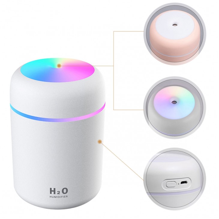 Umidificator - Difuzor Aromaterapie cu ultrasunete pentru casa sau masina, iluminare LED, carcasa culoare alba -  - AVEX