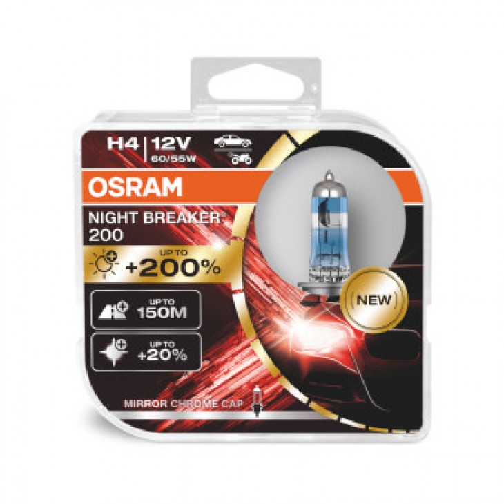 Set 2 becuri 12v h4 60/55 w night breaker +200% osram - 20646 - ams-OSRAM