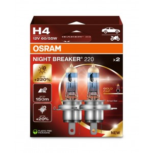 Set 2 becuri 12v h4 60/55 w night breaker +220% osram