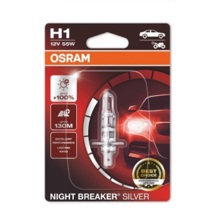 Bec 12v h1 55 w night breaker silver +100% blister 1 buc osram - 64150NBS-01B - ams-OSRAM