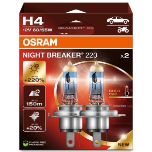 Set 2 becuri 12v h4 60/55 w night breaker +220% osram