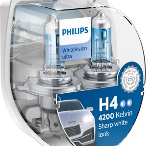 Set 2 becuri far h4/w5w p43t-38 60/55w 12v white vision ultra philips