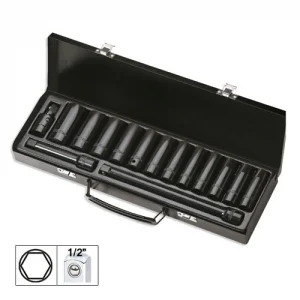 Set de 15 piese de impact cu 12 tubulare lungi de 1/2` hexagonale + adaptoare jbm