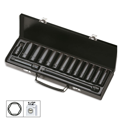Set de 15 piese de impact cu 12 tubulare lungi de 1/2` hexagonale + adaptoare jbm - 09944 - JBM