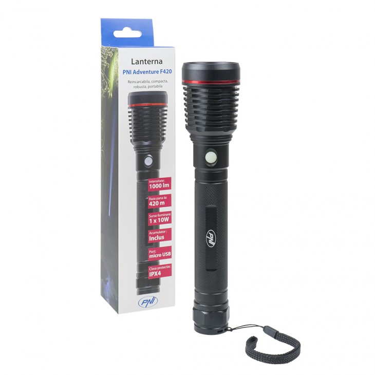 Lanterna pni adventure f420, led 10 w, 1000 lm, cu 2 acumulatori inclusi, 8000 mah tip 26650 - PNI-ADVF420 - PNI