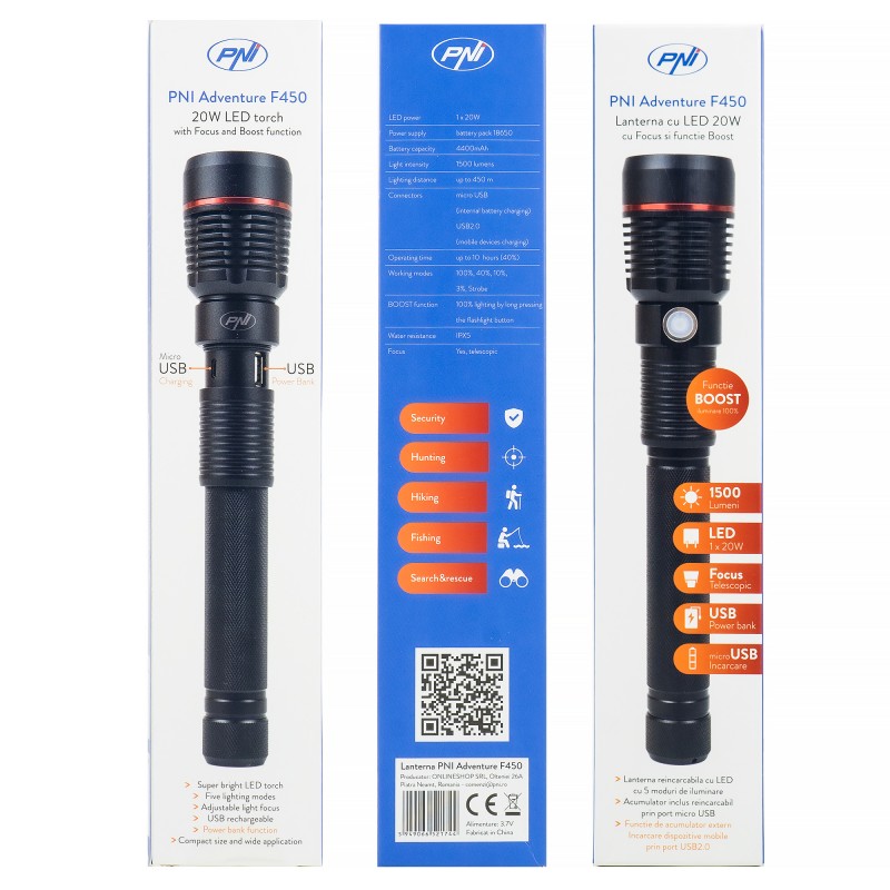 Lanterna pni adventure f450, led 20 w, 1500 lm, ipx5, acumulator 4400 mah - 42112 - PNI