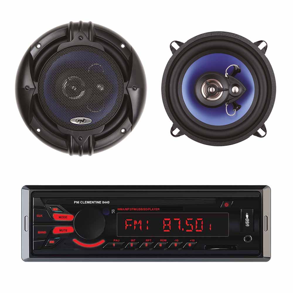 Pachet radio mp3 player auto pni clementine 8440, 4x45w usb sd aux 12v + set 2 difuzoare auto coaxiale pni hifi500, 100w, 12.7 cm - PNI-AK005 - PNI