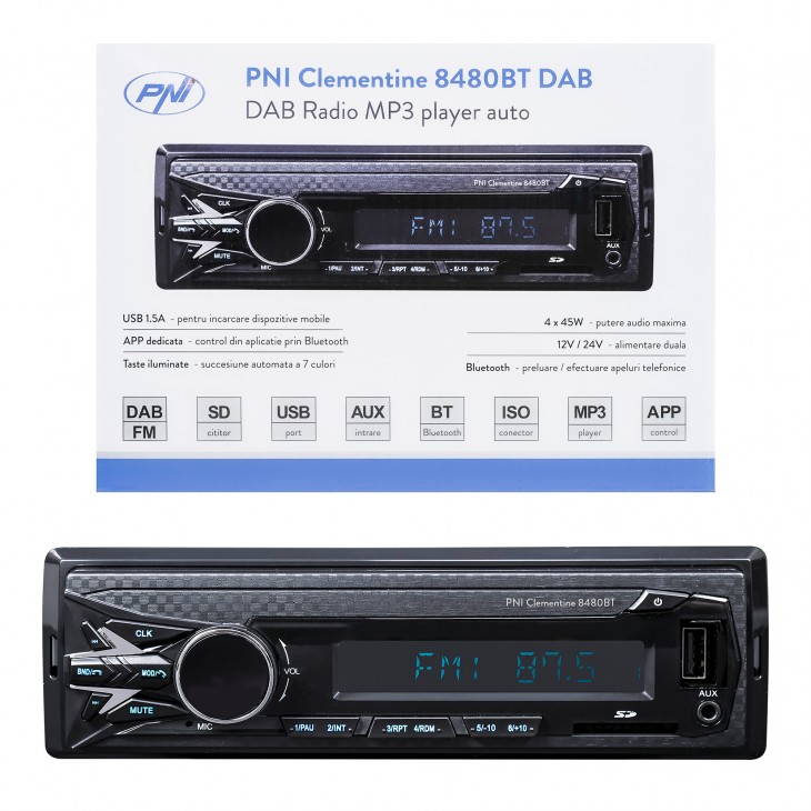 Radio mp3 player auto dab si rds pni clementine 8480bt 4x45w, 12/24v, cu sd, usb, aux, rca, bluetooth si usb 1.5a - PNI-8480BT - PNI