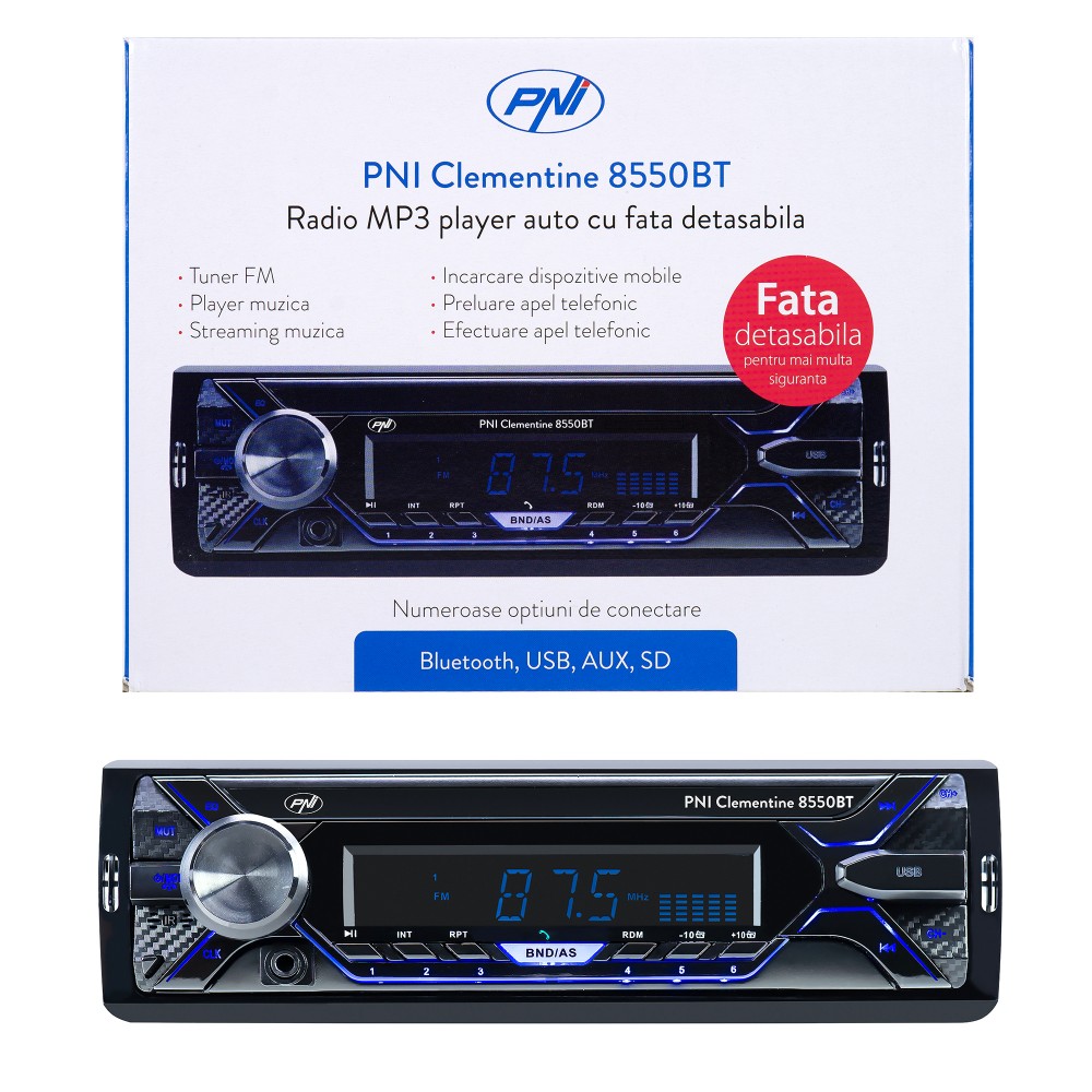 Radio mp3 player auto pni clementine 8550bt, fata detasabila, 4x45w, 12v, 1 din, cu sd, usb, aux, rca - PNI-MP3-8550 - PNI
