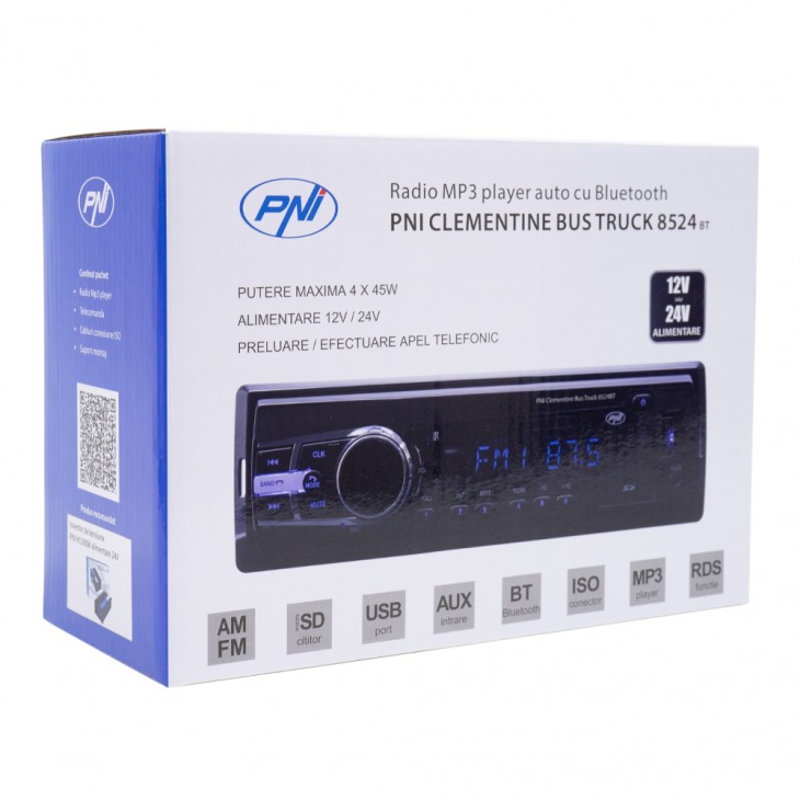 Radio mp3 player auto pni clementine bus truck 8524bt rds 4x45w 12v/24v cu sd, usb, aux, rca si bluetooth - PNI-8524BT - PNI