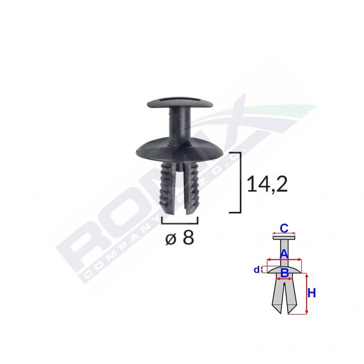Clips fixare elemente exterioare pentru vw, seat, mercedes, skoda 8x14.2mm negru set 10buc - C60762 - ROMIX