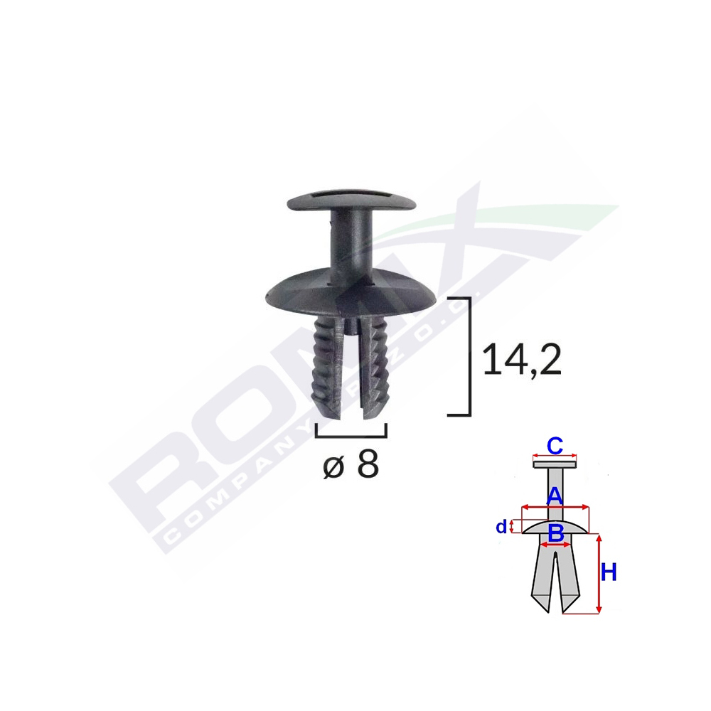 Clips fixare elemente exterioare pentru vw, seat, mercedes, skoda 8x14.2mm negru set 10buc - C60762 - ROMIX