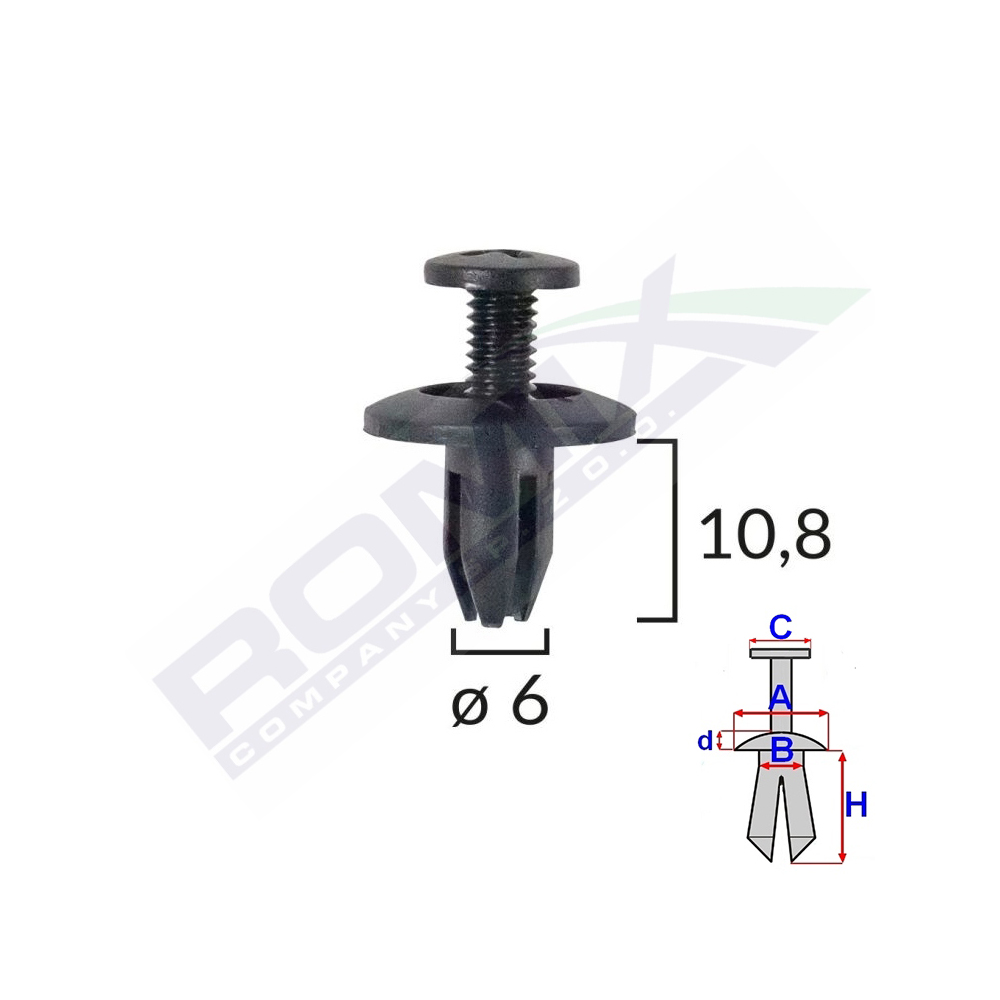 Clips fixare pentru honda/kia/toyota 6x10.8mm - negru set 10 buc - B14696 - ROMIX