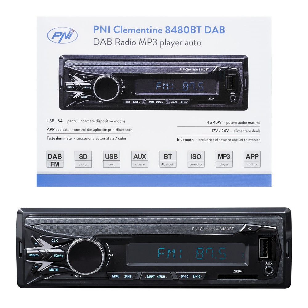 Radio mp3 player auto dab si rds pni clementine 8480bt 4x45w, 12/24v, cu sd, usb, aux, rca, bluetooth si usb 1.5a - PNI-8480BT - PNI