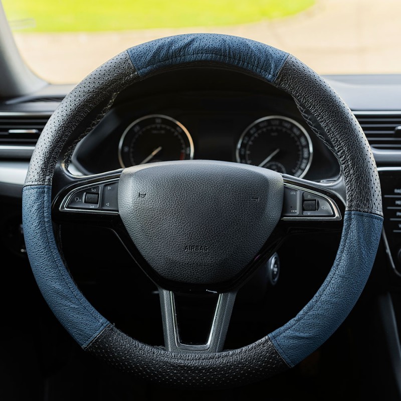 Husa volan piele naturala perforata albastru 37-39 cm mega drive