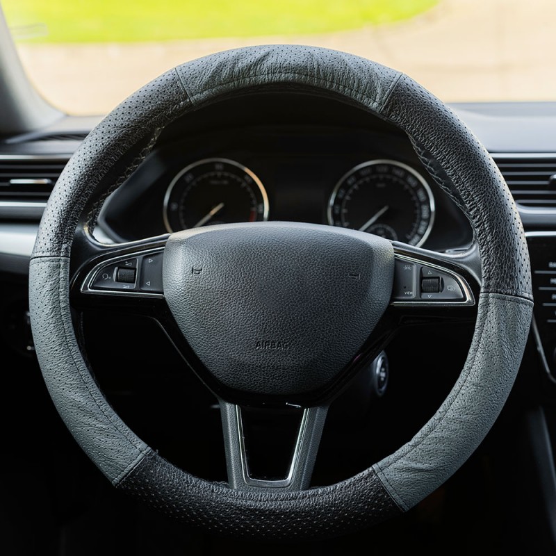 Husa volan piele naturala perforata gri 37-39 cm mega drive