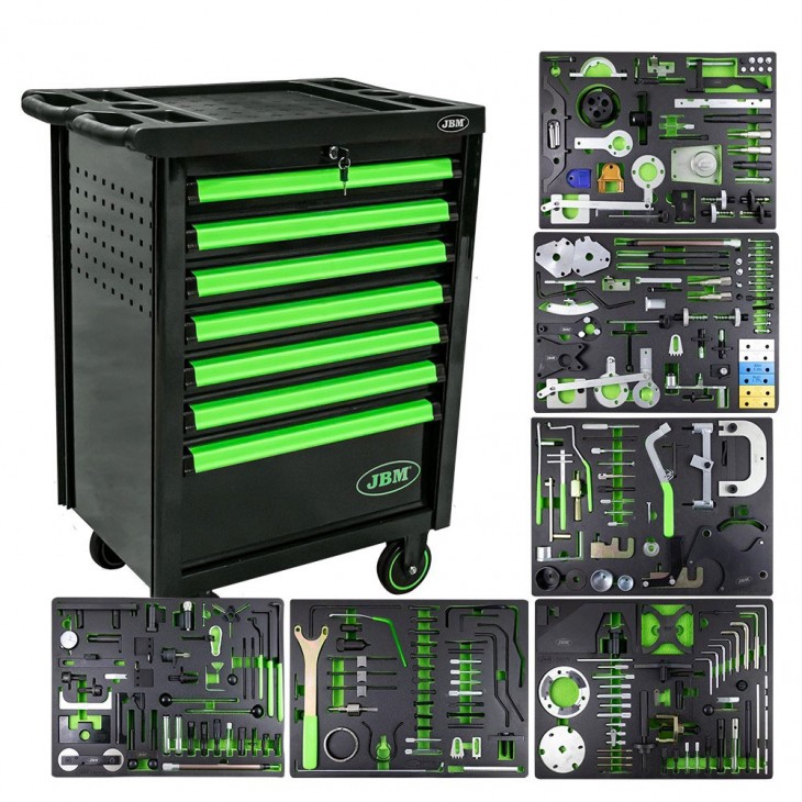 Dulap cu 7 sertare. verde. cu set de instrumente pentru sincronizare motor - 53951 - JBM