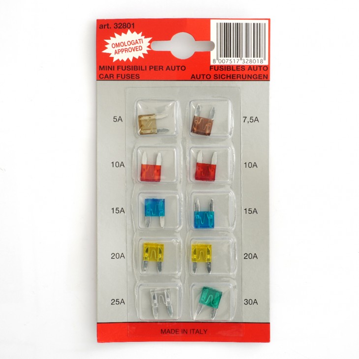 Blister cu 10 mini sigurante fuzibile 5/ 7.5/ 10/ 15/ 20/ 25/ 30 a cod culoare - 32801-TEC - TECNOPART