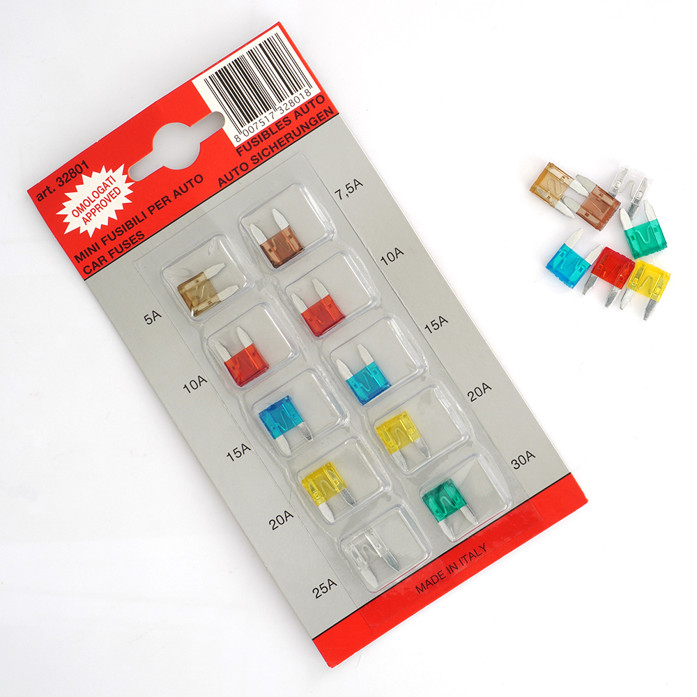 Blister cu 10 mini sigurante fuzibile 5/ 7.5/ 10/ 15/ 20/ 25/ 30 a cod culoare - 32801-TEC - TECNOPART