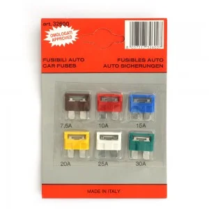 Blister cu 6 sigurante fuzibile 7.5/ 10/ 15/ 20/ 25/ 30 a cod culoare, TECNOPART