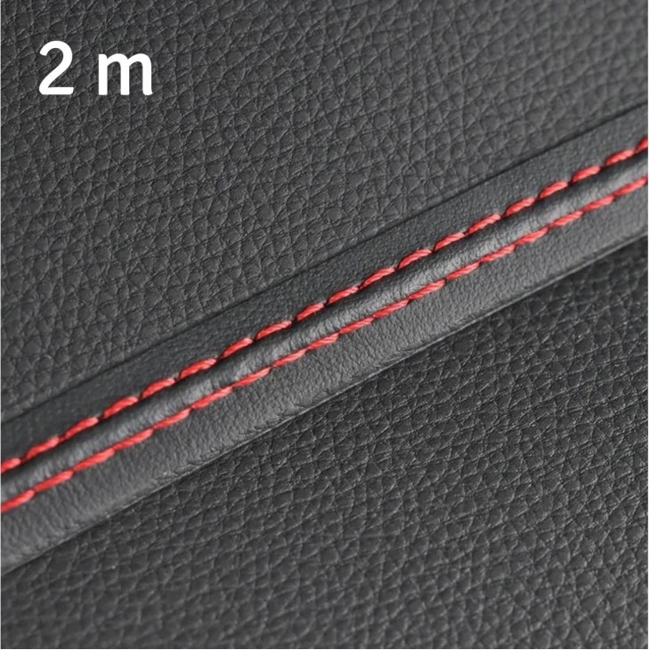 Banda decorativa pentru interiorul vehiculului, lungime 2m, din piele ecologica, culoare Neagra + cusatura Rosie