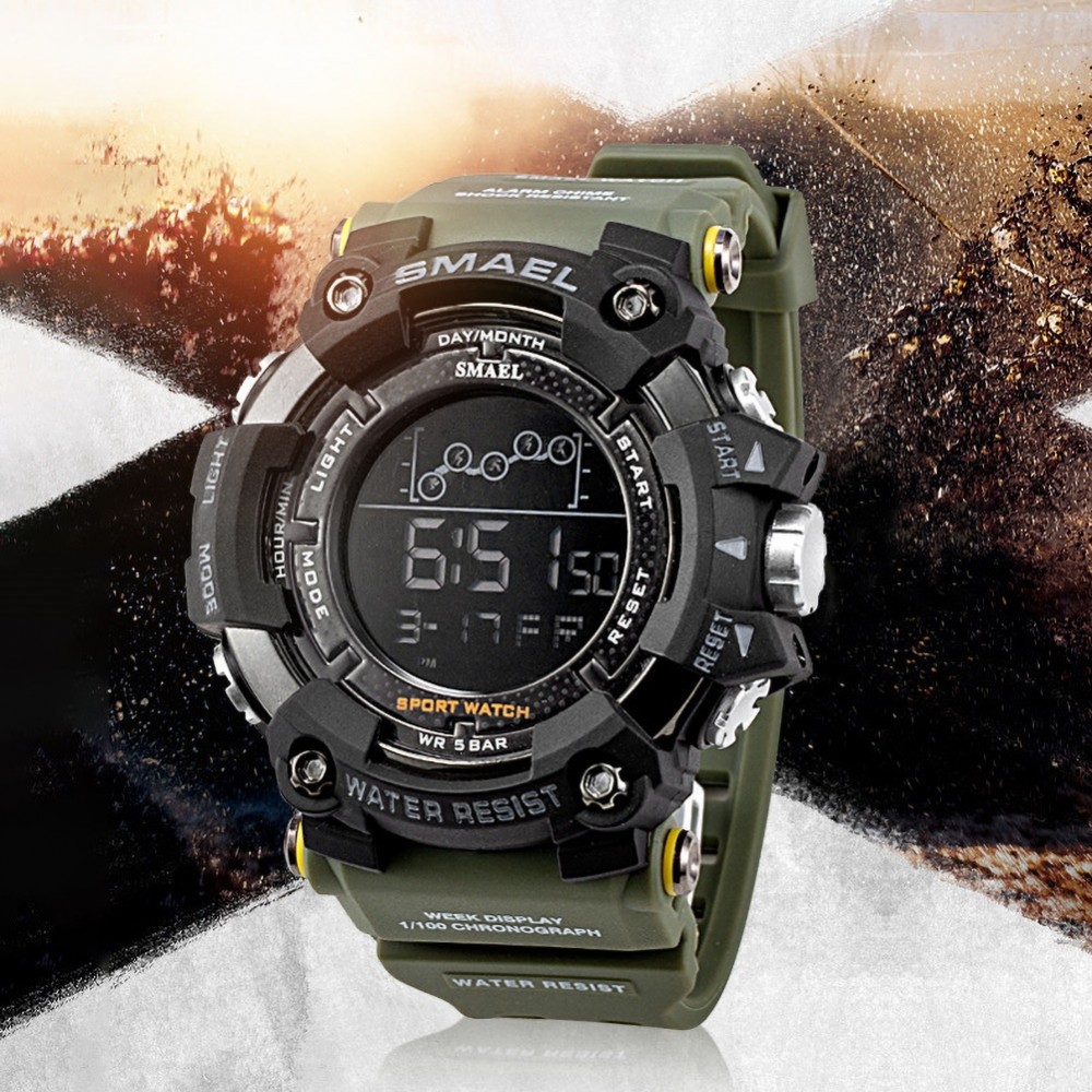Ceas Militar pentru barbati, SMAEL, impermeabil, afisaj LED, culoare Verde - AVX-KX5268 - AVEX