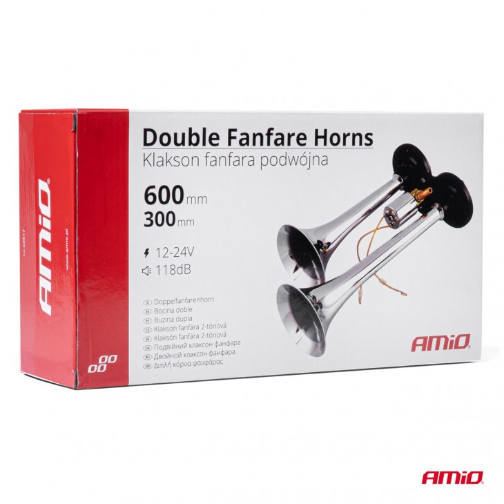 Claxon Camion de tip goarna, dublu, bitonal, finisaj cromat, alimentare 12V - 24V, 118 dB - AVX-AM03617 - AMIO
