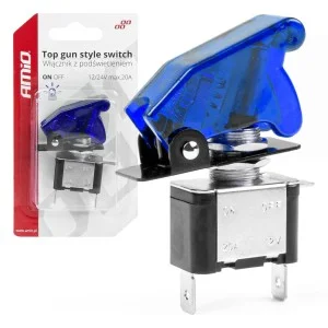 Comutator iluminat (intrerupator) cu protectie, destinatie auto, moto, ATV, SSV, Off-Road, model TOP GUN, tensiune 12V - 24V, culoare Albastra, AMIO