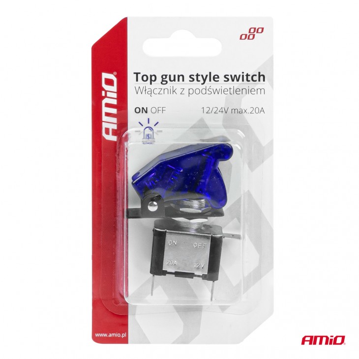 Comutator iluminat (intrerupator) cu protectie, destinatie auto, moto, ATV, SSV, Off-Road, model TOP GUN, tensiune 12V - 24V, culoare Albastra - AVX-AM03096 - AMIO