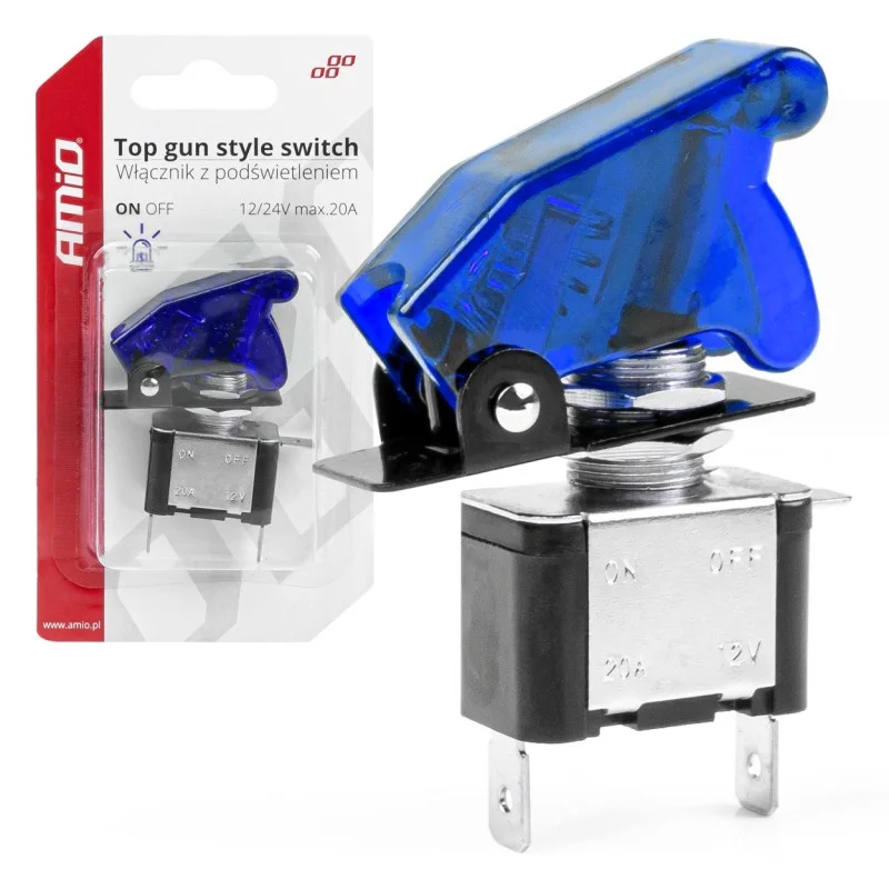 Comutator iluminat (intrerupator) cu protectie, destinatie auto, moto, ATV, SSV, Off-Road, model TOP GUN, tensiune 12V - 24V, culoare Albastra, AMIO