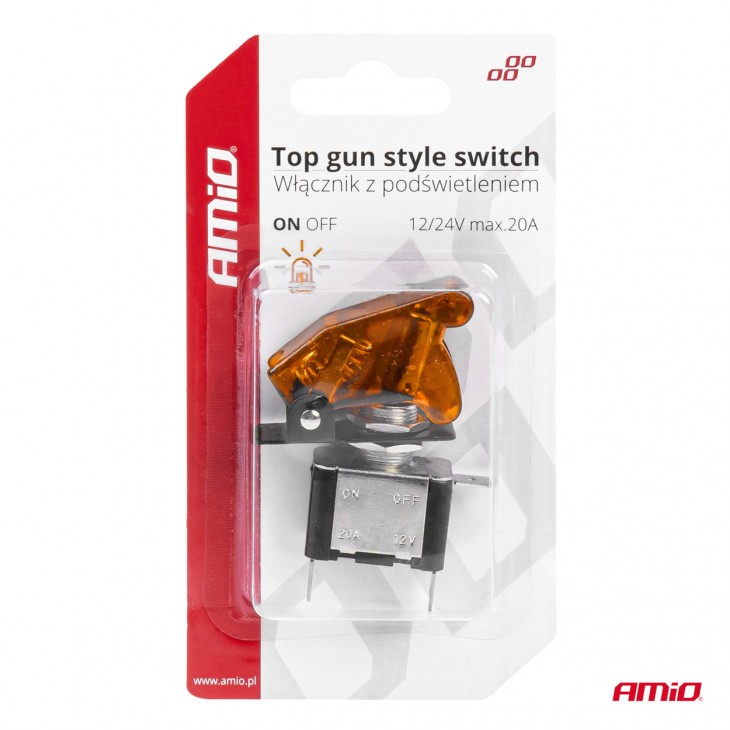 Comutator iluminat (intrerupator) cu protectie, destinatie auto, moto, ATV, SSV, Off-Road, model TOP GUN, tensiune 12V - 24V, culoare Orange - AVX-AM03094 - AMIO