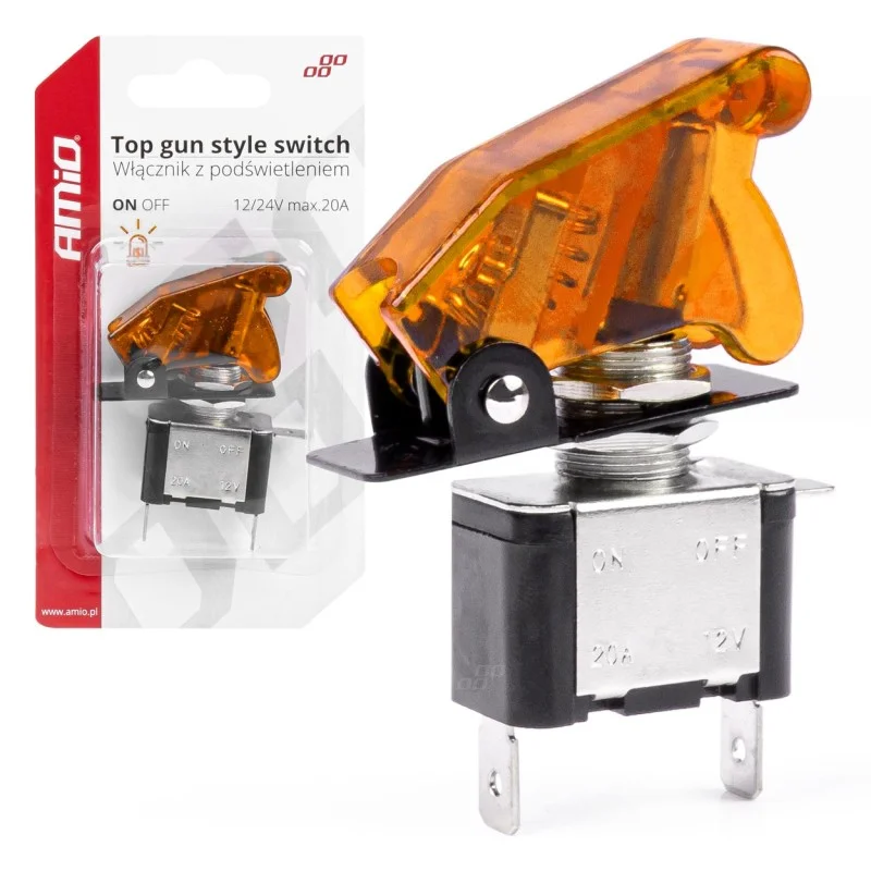 Comutator iluminat (intrerupator) cu protectie, destinatie auto, moto, ATV, SSV, Off-Road, model TOP GUN, tensiune 12V - 24V, culoare Orange, AMIO