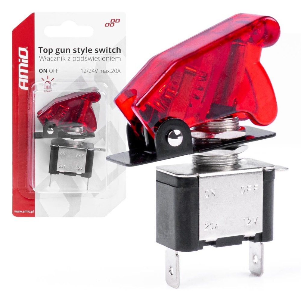 Comutator iluminat (intrerupator) cu protectie, destinatie auto, moto, ATV, SSV, Off-Road, model TOP GUN, tensiune 12V - 24V, culoare Rosie - AVX-AM03095 - AMIO