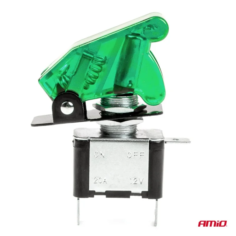 Comutator iluminat (intrerupator) cu protectie, destinatie auto, moto, ATV, SSV, Off-Road, model TOP GUN, tensiune 12V - 24V, culoare Verde, AMIO