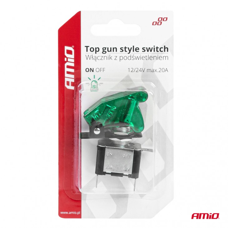 Comutator iluminat (intrerupator) cu protectie, destinatie auto, moto, ATV, SSV, Off-Road, model TOP GUN, tensiune 12V - 24V, culoare Verde - AVX-AM03093 - AMIO