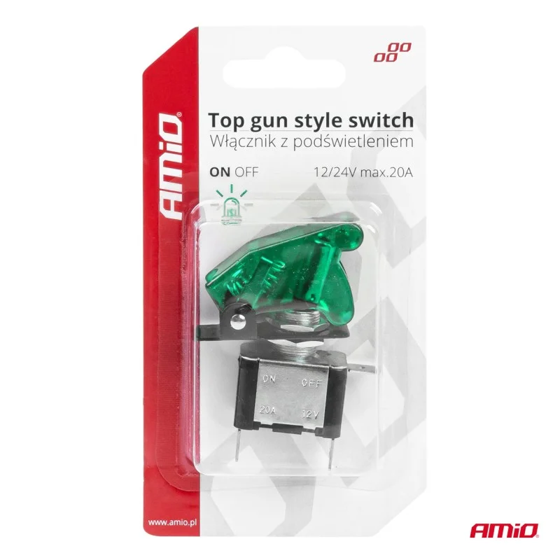 Comutator iluminat (intrerupator) cu protectie, destinatie auto, moto, ATV, SSV, Off-Road, model TOP GUN, tensiune 12V - 24V, culoare Verde, AMIO
