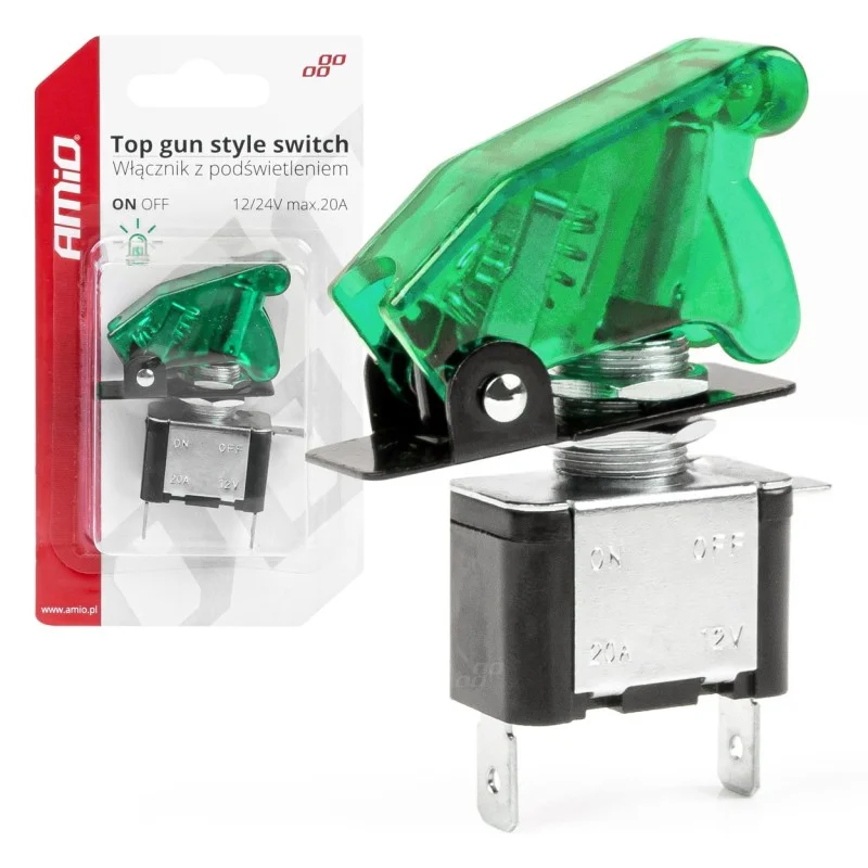 Comutator iluminat (intrerupator) cu protectie, destinatie auto, moto, ATV, SSV, Off-Road, model TOP GUN, tensiune 12V - 24V, culoare Verde, AMIO