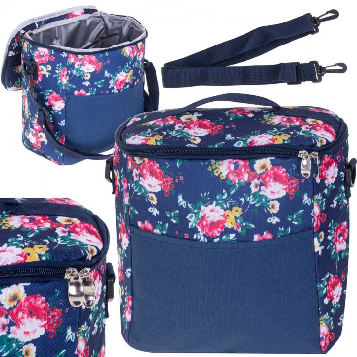 Geanta termoizolanta pentru picnic sau plaja, capacitate 11l, culoare Albastra cu flori - AVX-KX4985 - AVEX