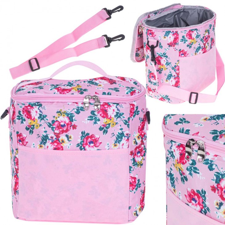 Geanta termoizolanta pentru picnic sau plaja, capacitate 11l, culoare Roz cu flori - AVX-KX4985_1 - AVEX