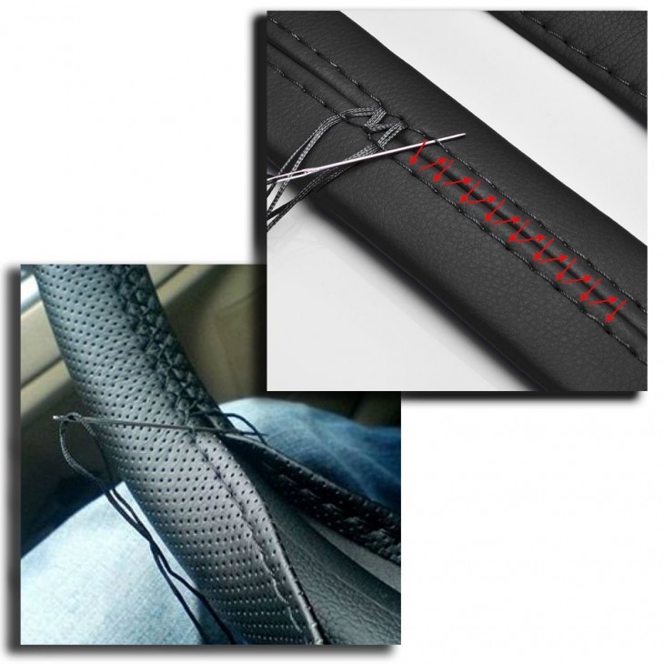 Husa volan din PIELE NATURALA CU DOUA DUNGI ROSII, pentru autoturisme, diametru 37 - 39 cm, cu ac si ata (se coase, aspect ORIGINAL) - AVX-T200716-4 - AVEX