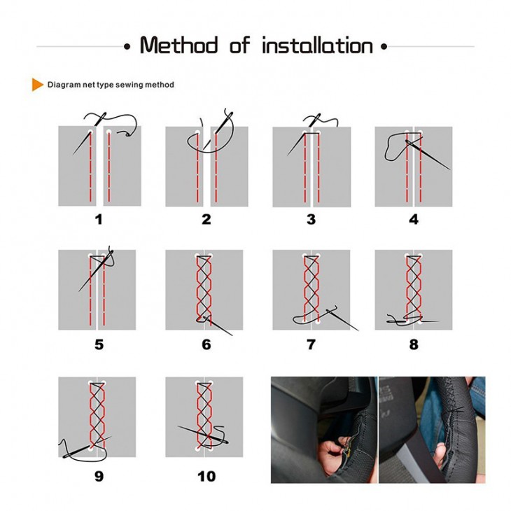 Husa volan din PIELE NATURALA CU DOUA DUNGI ROSII, pentru autoturisme, diametru 37 - 39 cm, cu ac si ata (se coase, aspect ORIGINAL) - AVX-T200716-4 - AVEX