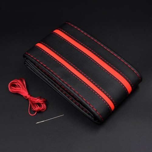 Husa volan din PIELE NATURALA CU DOUA DUNGI ROSII, pentru autoturisme, diametru 37 - 39 cm, cu ac si ata (se coase, aspect ORIGINAL) - AVX-T200716-4 - AVEX