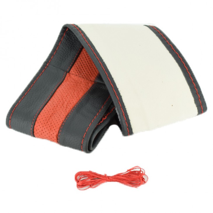 Husa volan din PIELE NATURALA NEAGRA CU DUNGA ROSIE, pentru autoturisme, diametru 37 - 39 cm, cu ac si ata (se coase, aspect ORIGINAL) - AVX-T200716-3 - AVEX