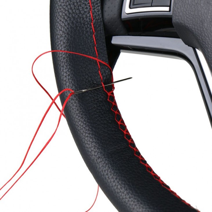 Husa volan din PIELE NEAGRA + ATA ROSIE, diametru 37 - 39 cm (se coase, aspect ORIGINAL) - AVX-T050917-18 - AVEX