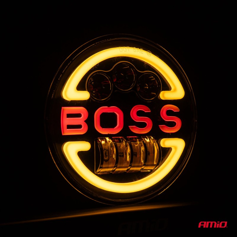 Lampa Suplimentara LED pentru Vehicule Off-Road, ATV, SSV, cu inscriptie BOSS si functii: Faza Lunga, Faza Scurta, Semnalizare, Pozitie, tensiune alimentare 9 - 36V, diametru Ø170 mm