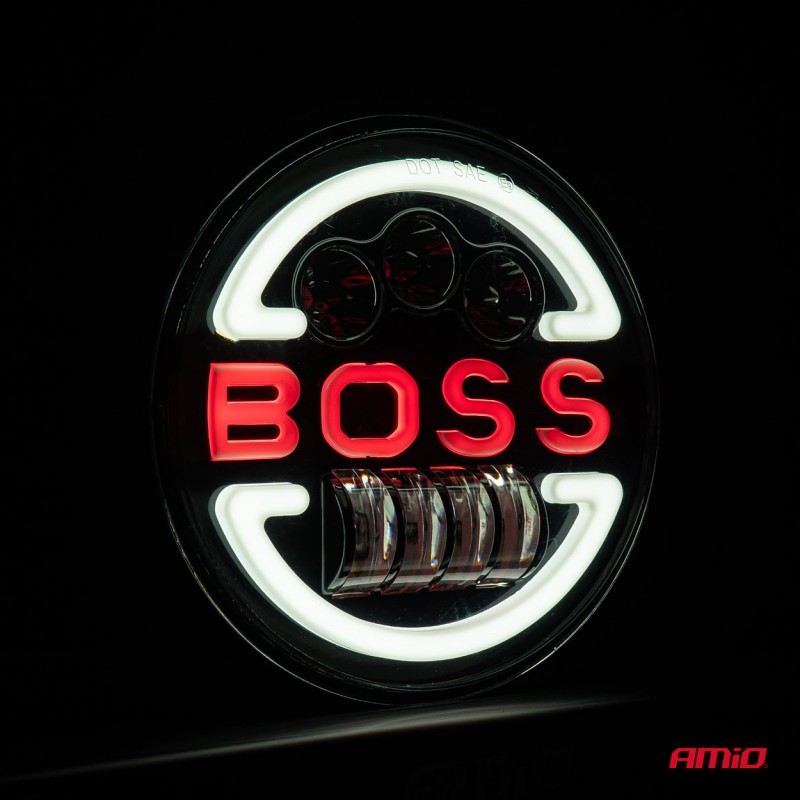 Lampa Suplimentara LED pentru Vehicule Off-Road, ATV, SSV, cu inscriptie BOSS si functii: Faza Lunga, Faza Scurta, Semnalizare, Pozitie, tensiune alimentare 9 - 36V, diametru Ø170 mm