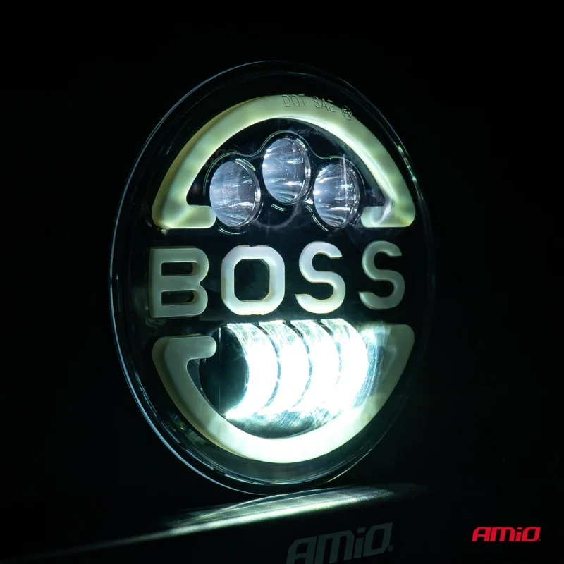 Lampa Suplimentara LED pentru Vehicule Off-Road, ATV, SSV, cu inscriptie BOSS si functii: Faza Lunga, Faza Scurta, Semnalizare, Pozitie, tensiune alimentare 9 - 36V, diametru Ø170 mm, AMIO