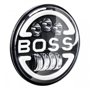 Lampa Suplimentara LED pentru Vehicule Off-Road, ATV, SSV, cu inscriptie BOSS si functii: Faza Lunga, Faza Scurta, Semnalizare, Pozitie, tensiune alimentare 9 - 36V, diametru Ø170 mm
