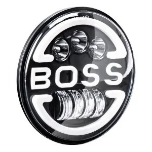 Lampa Suplimentara LED pentru Vehicule Off-Road, ATV, SSV, cu inscriptie BOSS si functii: Faza Lunga, Faza Scurta, Semnalizare, Pozitie, tensiune alimentare 9 - 36V, diametru Ø170 mm, AMIO