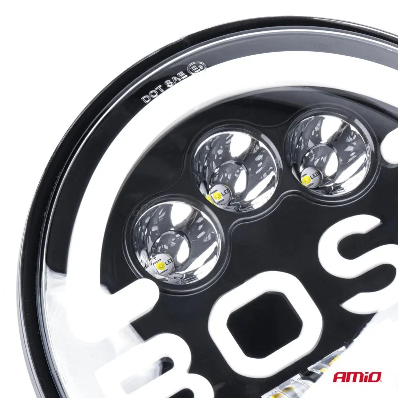 Lampa Suplimentara LED pentru Vehicule Off-Road, ATV, SSV, cu inscriptie BOSS si functii: Faza Lunga, Faza Scurta, Semnalizare, Pozitie, tensiune alimentare 9 - 36V, diametru Ø170 mm, AMIO